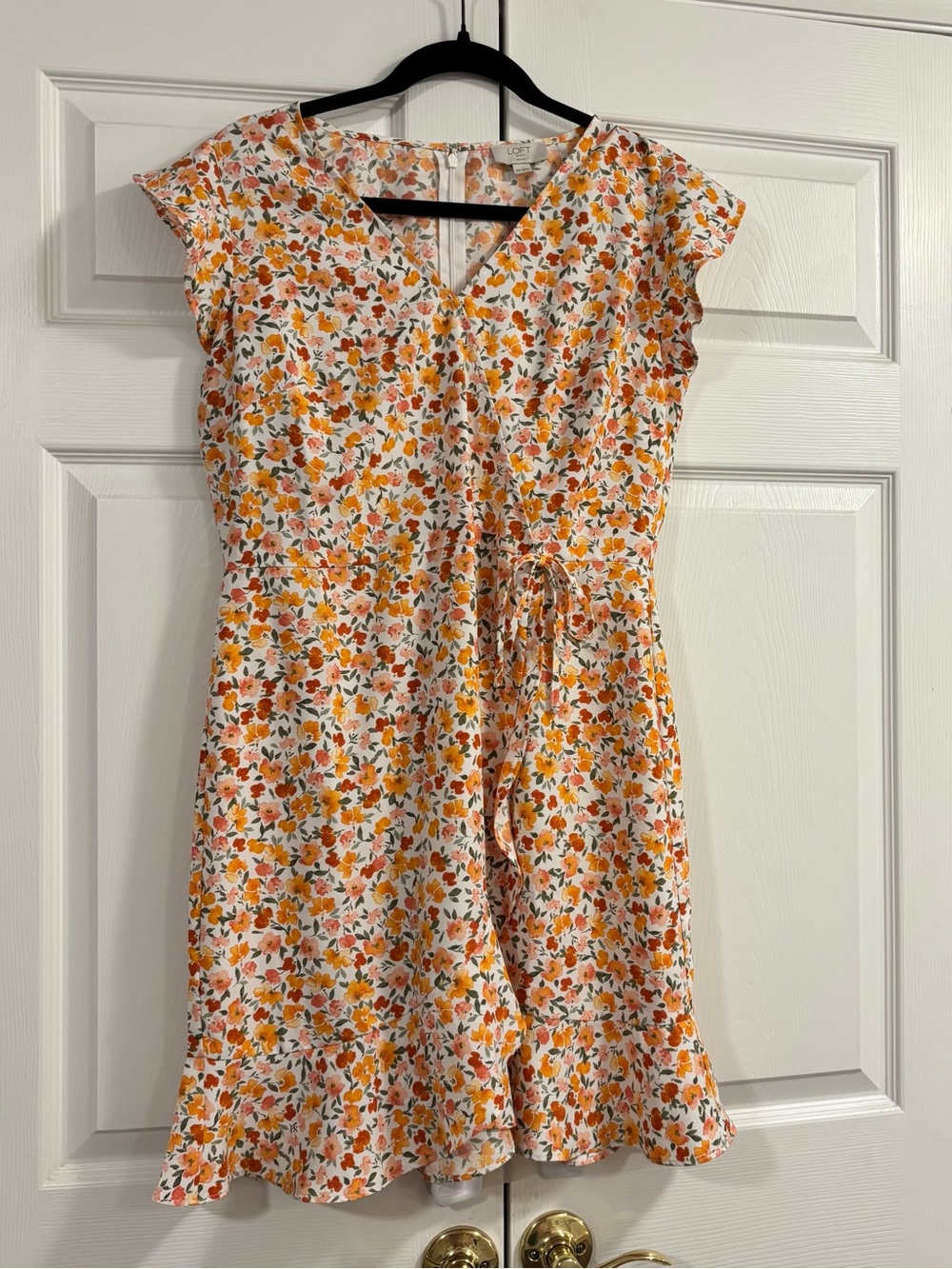 LOFT White Floral Tie-Waist Dress with Orange & Green Print